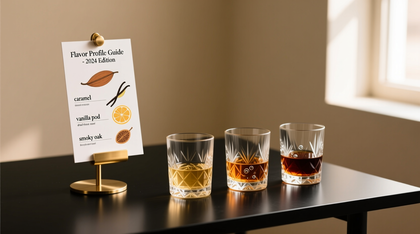 Professional rum tasting setup with glassware and flavor notes chart