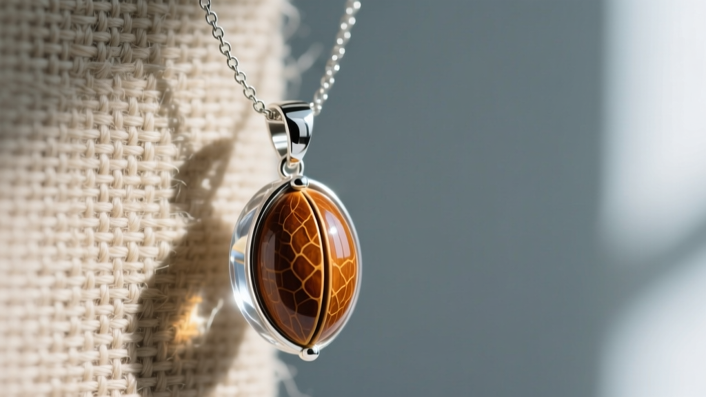 Macro shot of a sal necklace with polished Shorea robusta seeds in clear resin on woven linen against slate