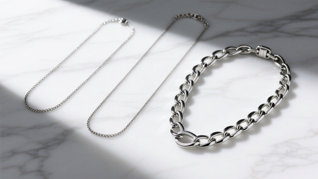 Flat lay styling of three long silver necklaces of varying lengths, including a lariat and opera chain, arranged on white marble