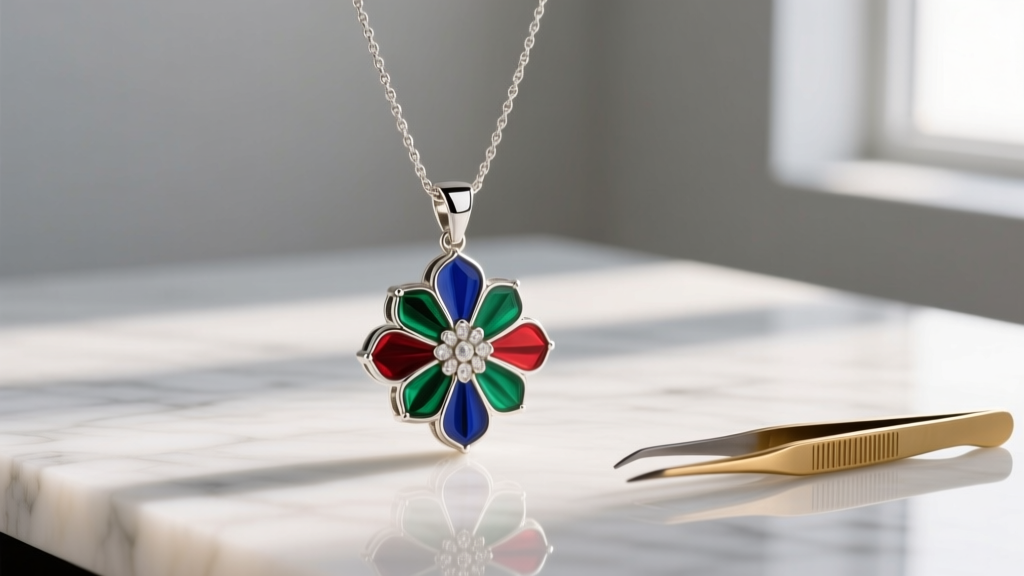 Polished silver pendant necklace with enamel inlay, resting on marble next to a jeweler's loupe and a microfiber polishing cloth
