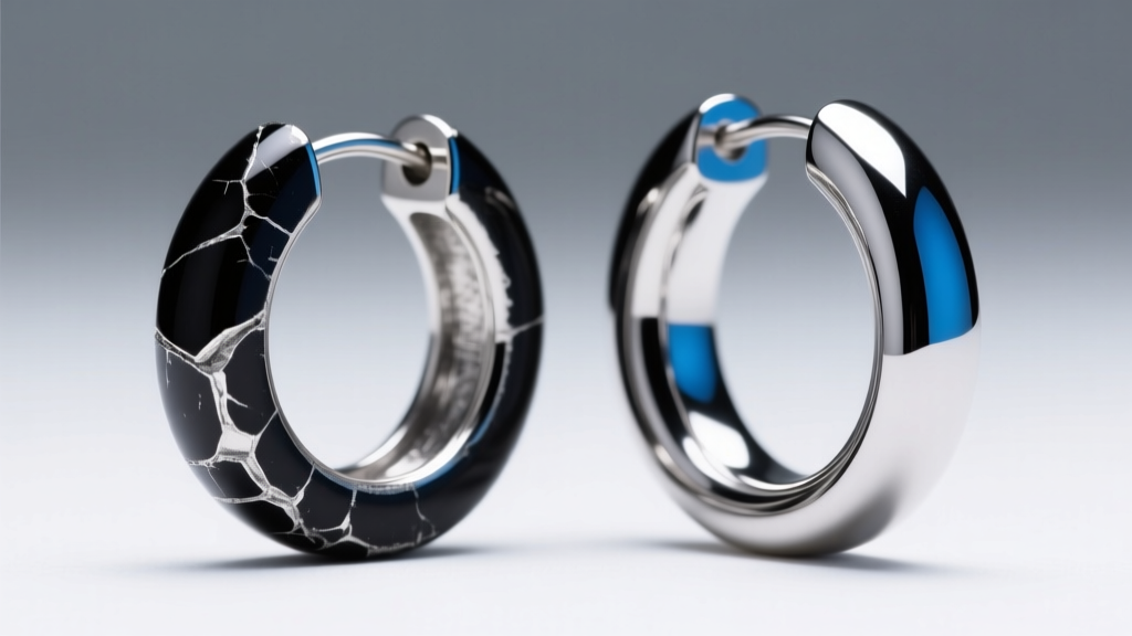 Close-up of a chipped black rhodium silver hoop earring beside a pristine PVD titanium hoop under bright, even studio lighting.