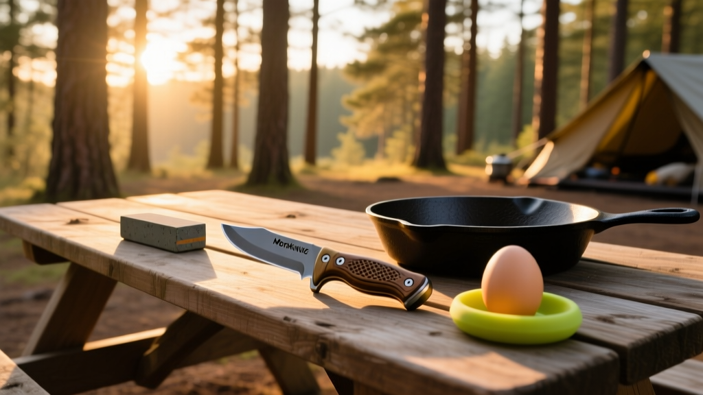 Pine forest campsite picnic table displaying a Morakniv fixed blade knife, portable whetstone, and silicone egg ring next to a cast iron skillet