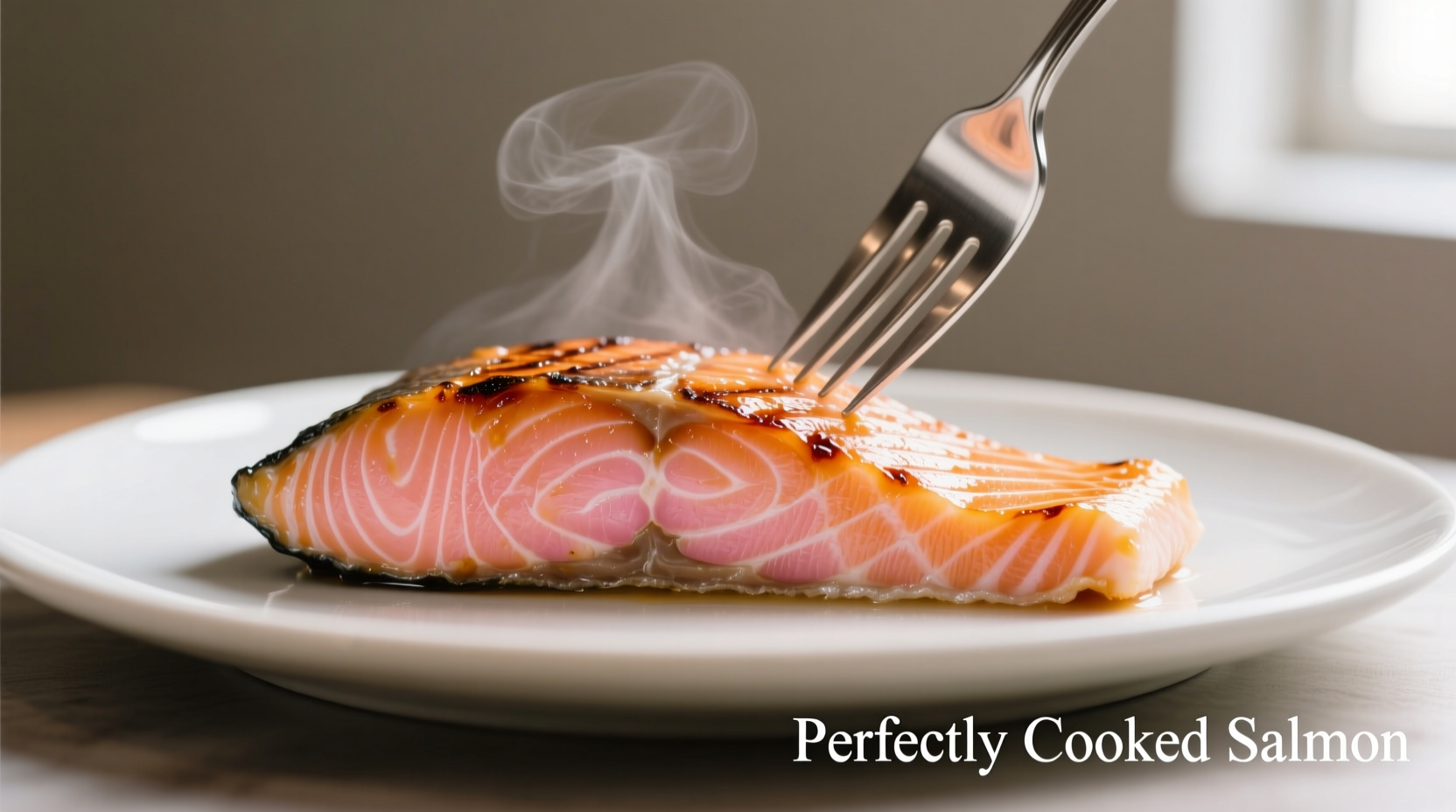 Perfectly cooked salmon fillet on plate with fork