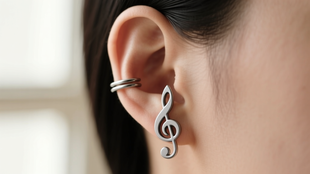 Side profile of a minimalist titanium treble clef ear cuff hugging the cartilage, showcasing matte grey metal against soft skin.