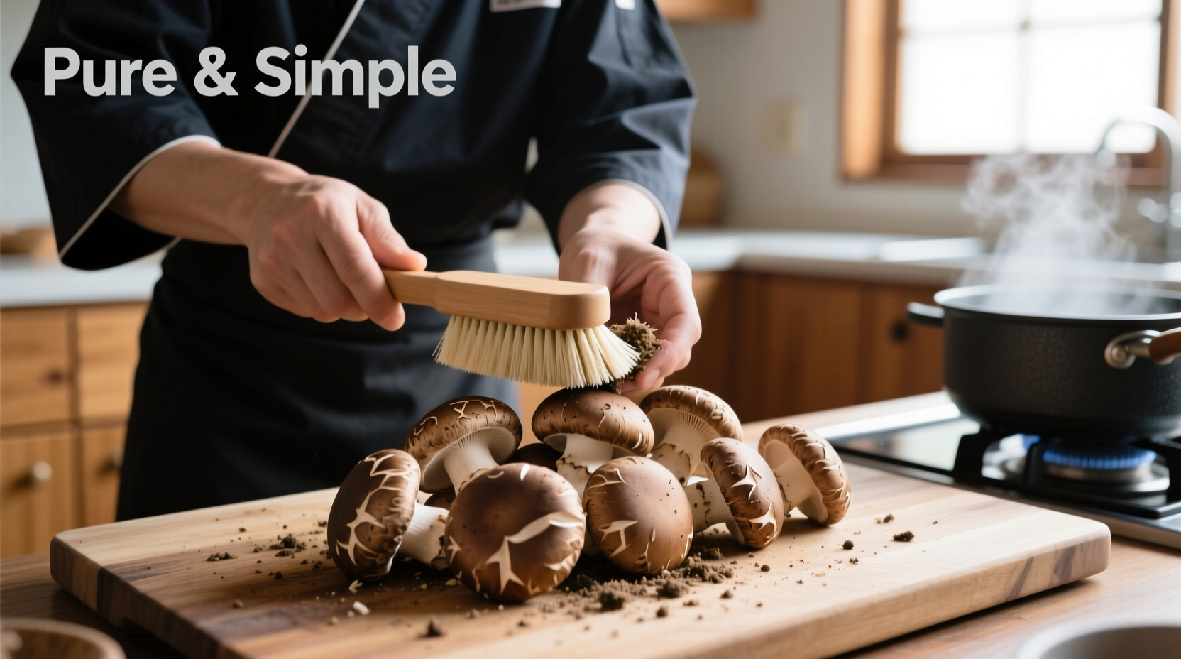 Chef cleaning shiitake mushrooms with a soft brush