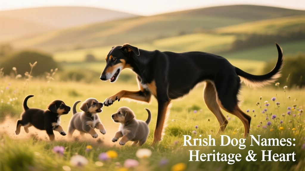 Irish hound playing with three puppies in a field