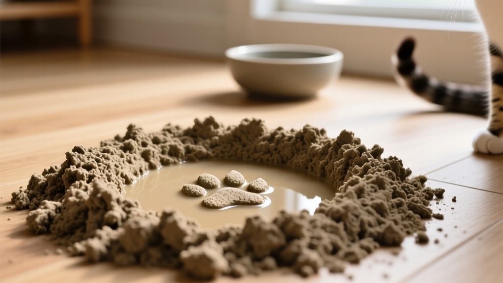 Close-up of clumping clay litter forming firm, scoopable clumps around a small amount of liquid