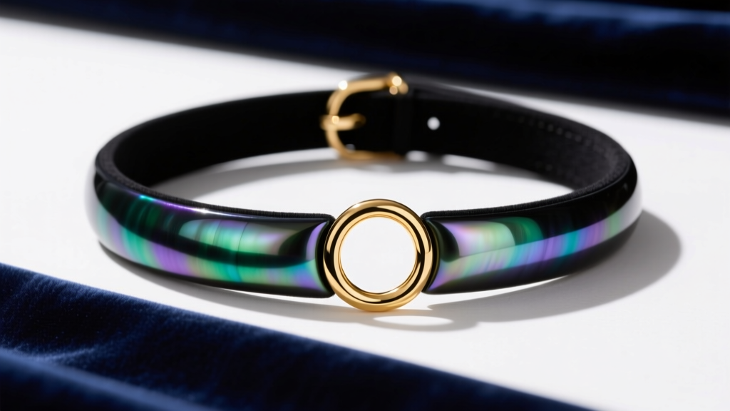 Flat lay of a black Tahitian pearl dog collar choker with a solid 14k gold O-ring clasp resting on dark velvet fabric