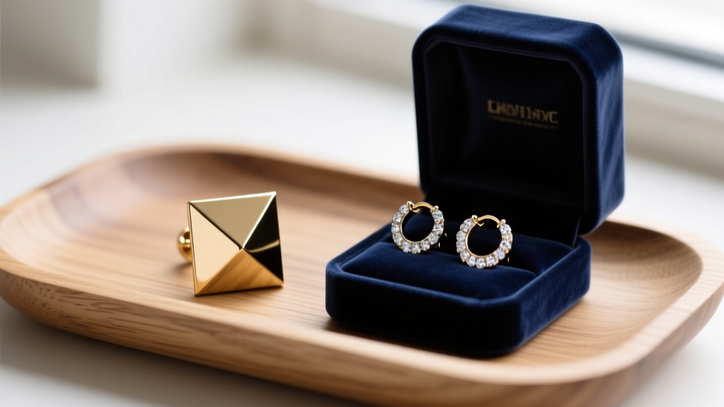 Square geometric brass stud earrings on a wooden tray, contrasting with elegant round diamond huggies resting in a dark velvet box