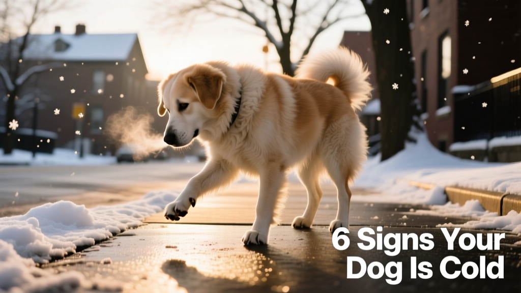 Dog lifting one paw while standing on snowy pavement, looking down at its feet