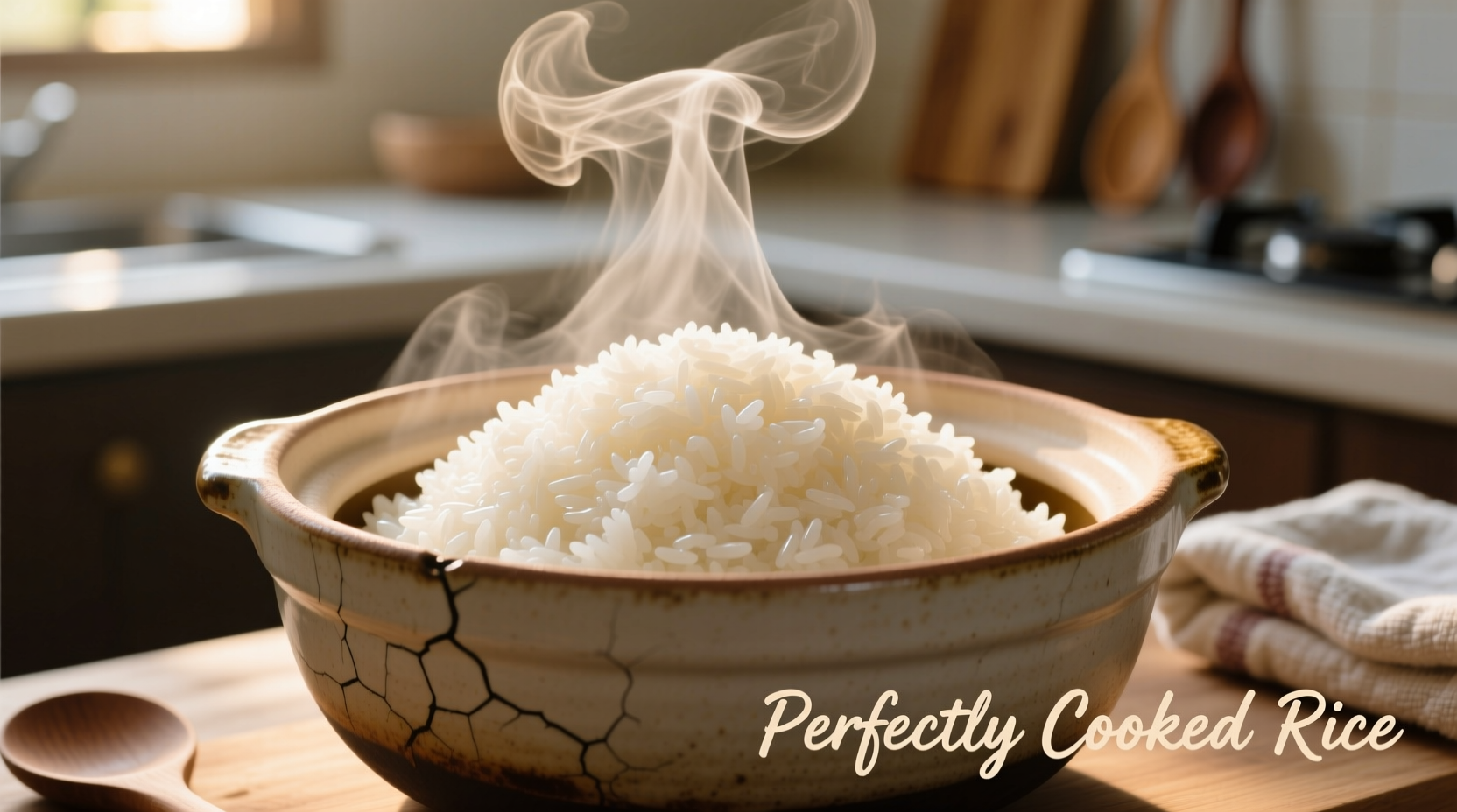 Perfectly cooked white rice in pot with steam rising