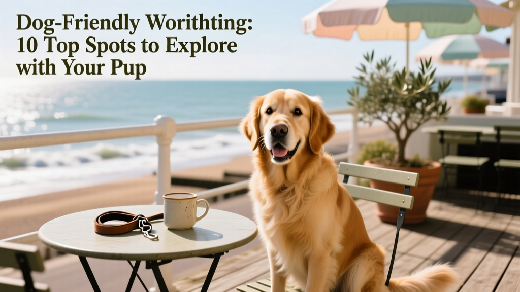 A happy dog sitting beside a table at an outdoor restaurant terrace overlooking the sea