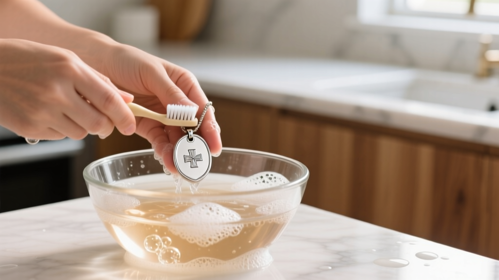 Hands gently washing a silver medical ID pendant in a glass bowl of warm soapy water, using a soft-bristled baby toothbrush.