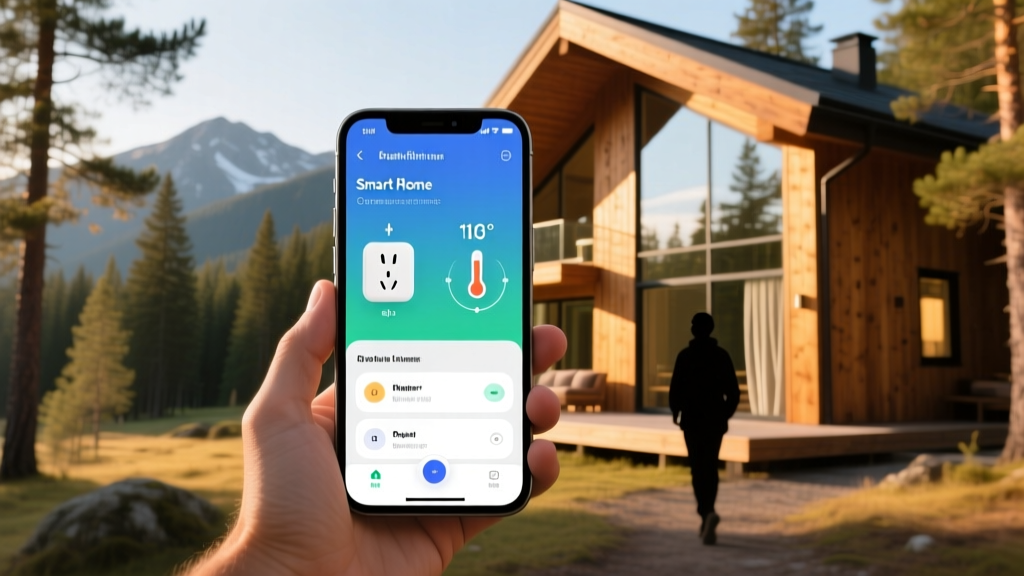 Smartphone showing a smart home app automation routine triggering a smart plug and thermostat upon crossing a geofence near a cabin