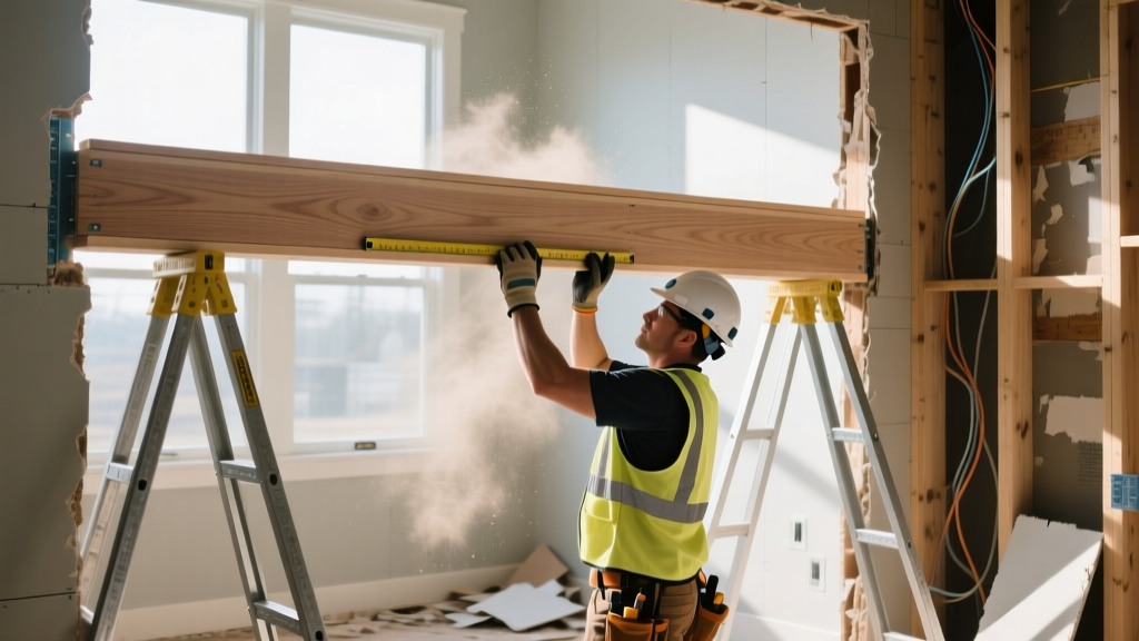 Structural contractor installing a laminated veneer lumber beam supported by temporary acrow props during a residential load-bearing wall removal
