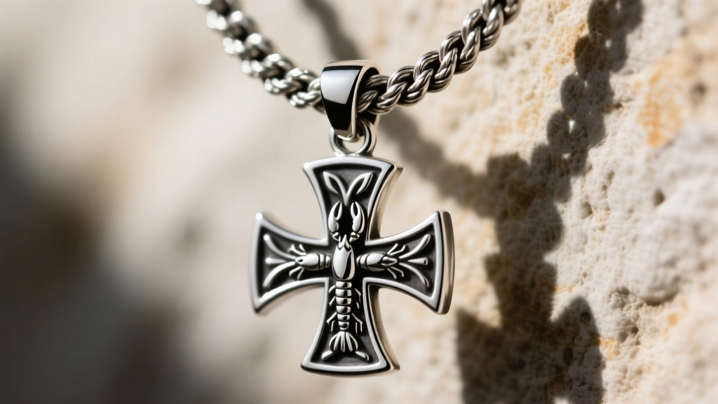 Macro shot of a sterling silver Maltese cross necklace showing oxidized detailing and a lobster clasp on a thick rope chain.