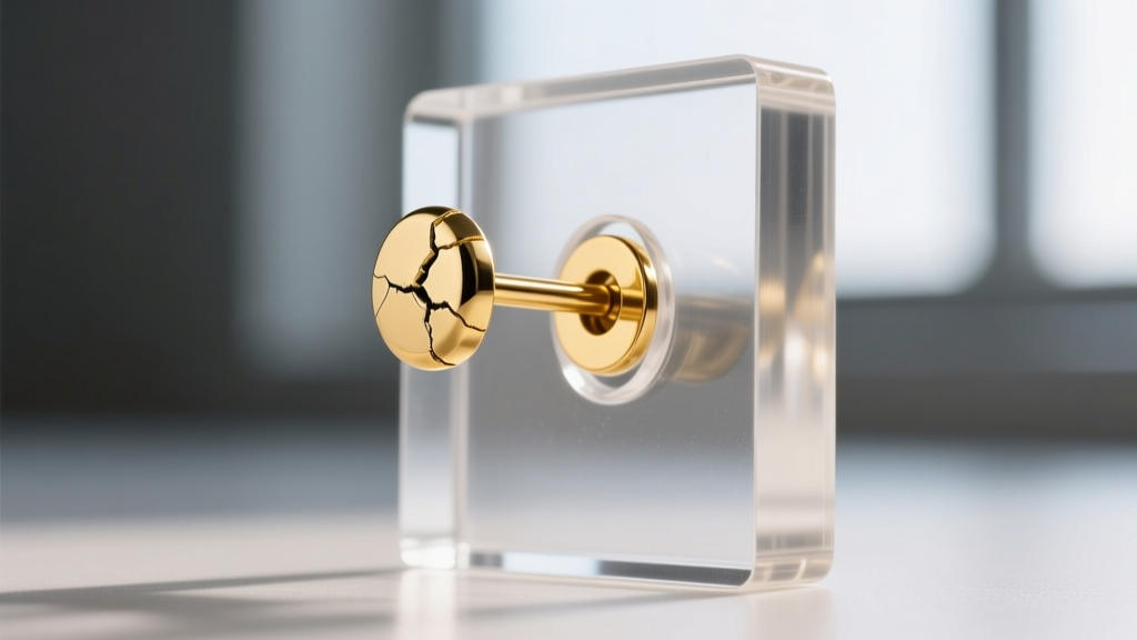 Close-up of 20-gauge gold earring post bending against clear acrylic pierced earring storage slot, highlighting material failure