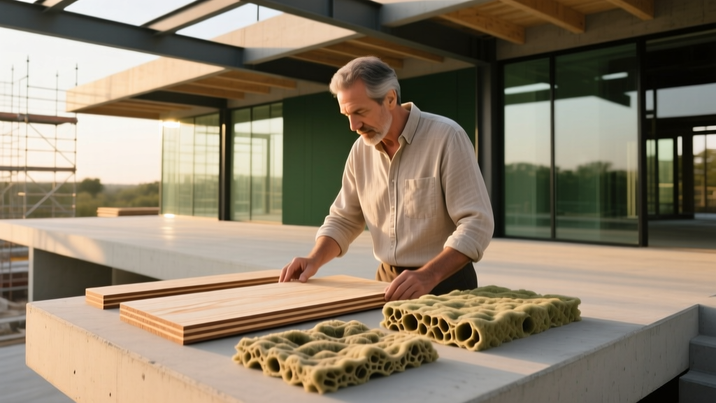 Architect reviewing cross-laminated timber panels and mycelium insulation samples on a modern sustainable construction site with natural lighting