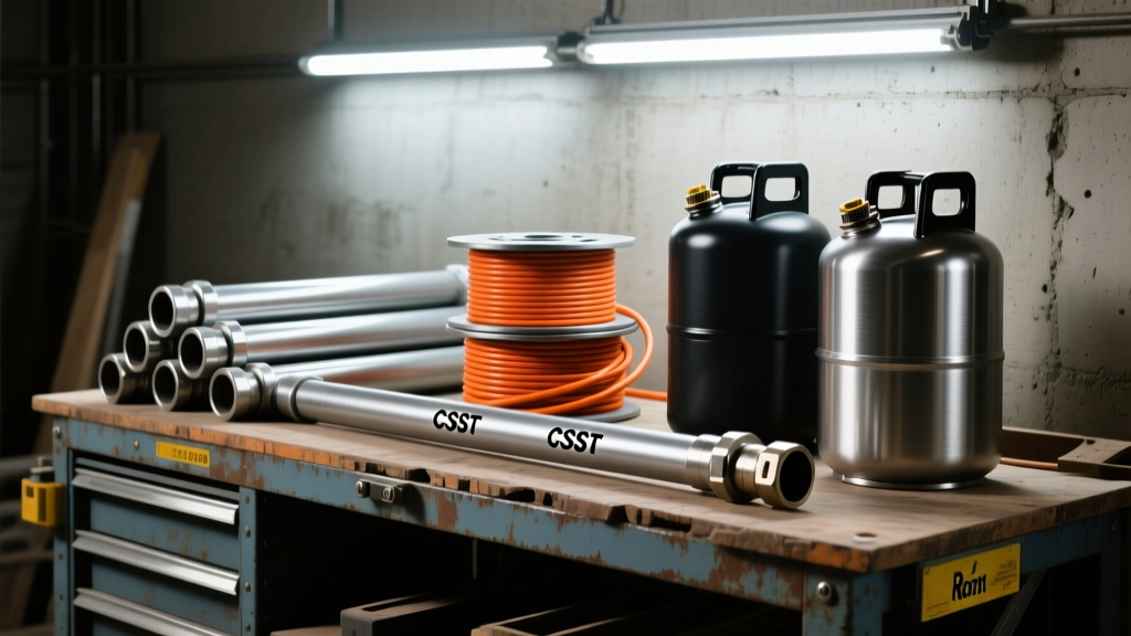 CSST piping, Romex wire spools, and steel fuel tanks displayed on a rugged job-site workbench under bright commercial LED lighting