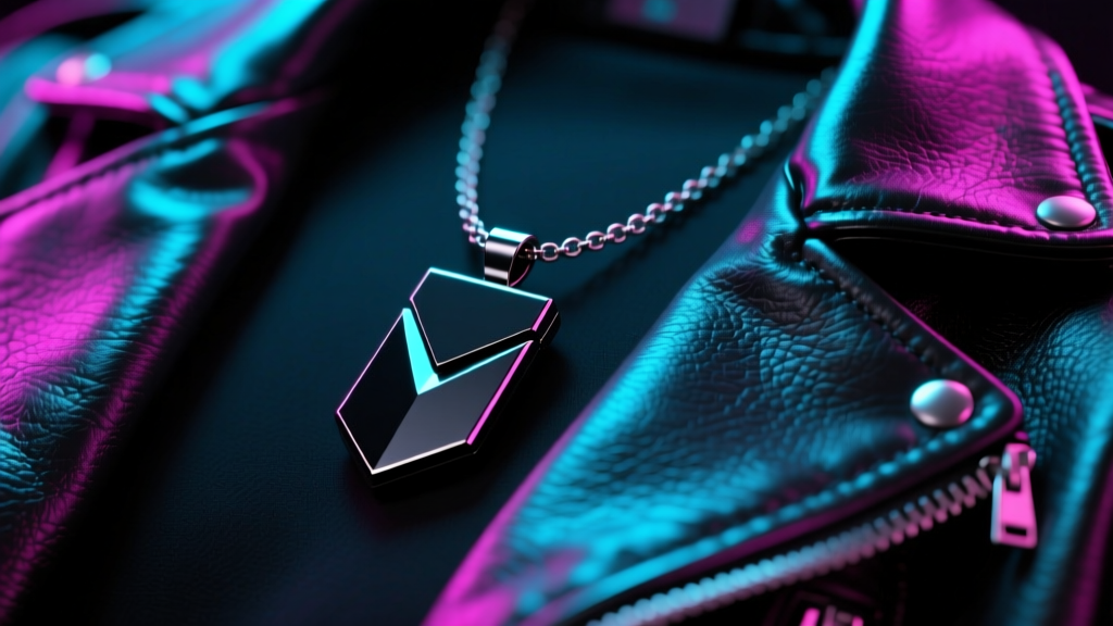 Matte black titanium cigarette necklace holder pendant resting on a dark leather jacket, illuminated by moody neon club lighting.