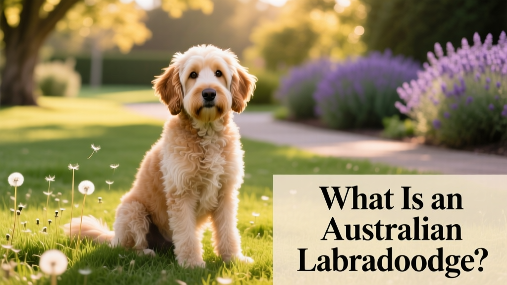 An adult Australian Labradoodle looking warmly toward the camera, sitting on grass with soft natural light