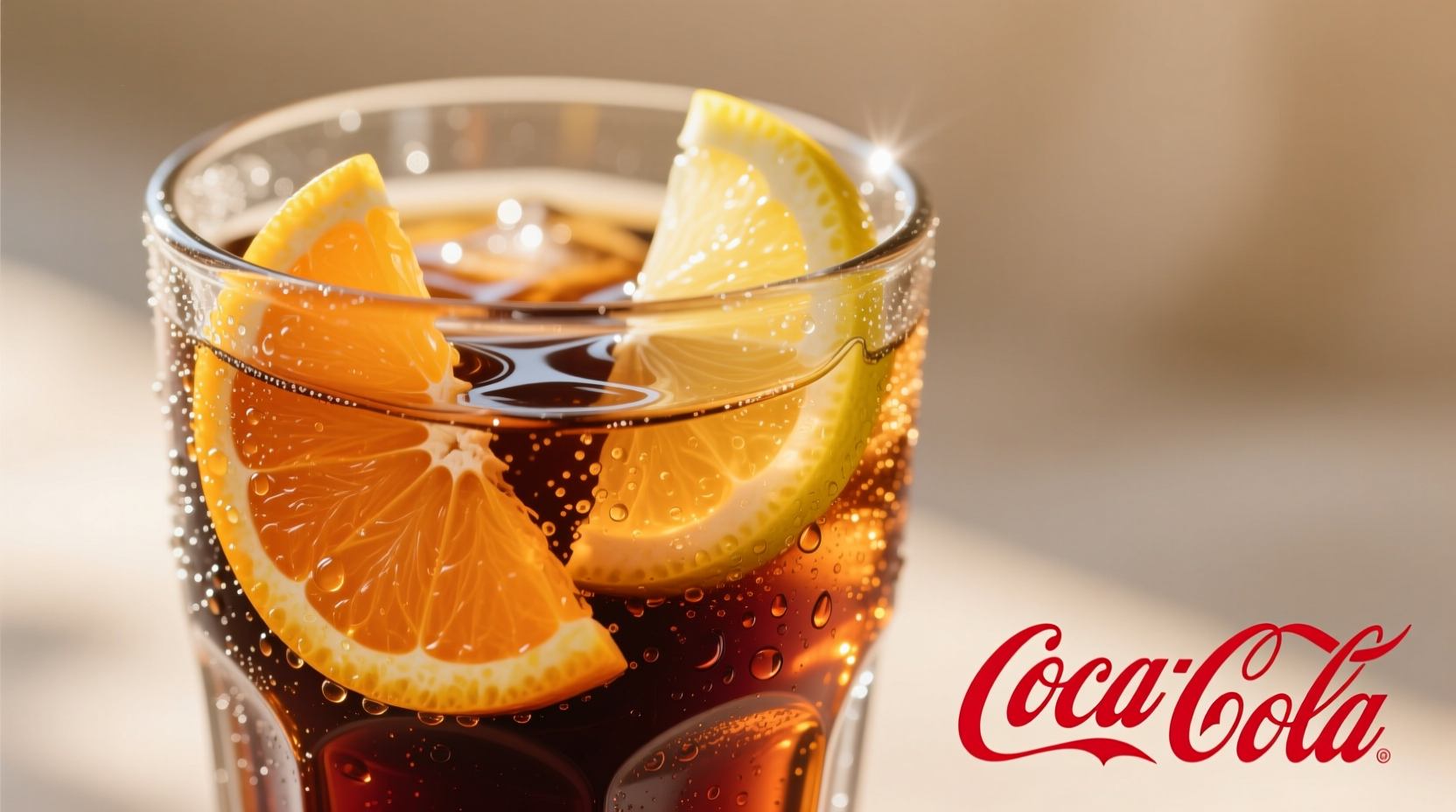 Close-up of Coca-Cola in a glass with citrus slices