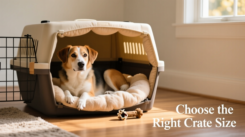 A relaxed dog resting comfortably inside a well-padded crate with a soft bed and chew toy