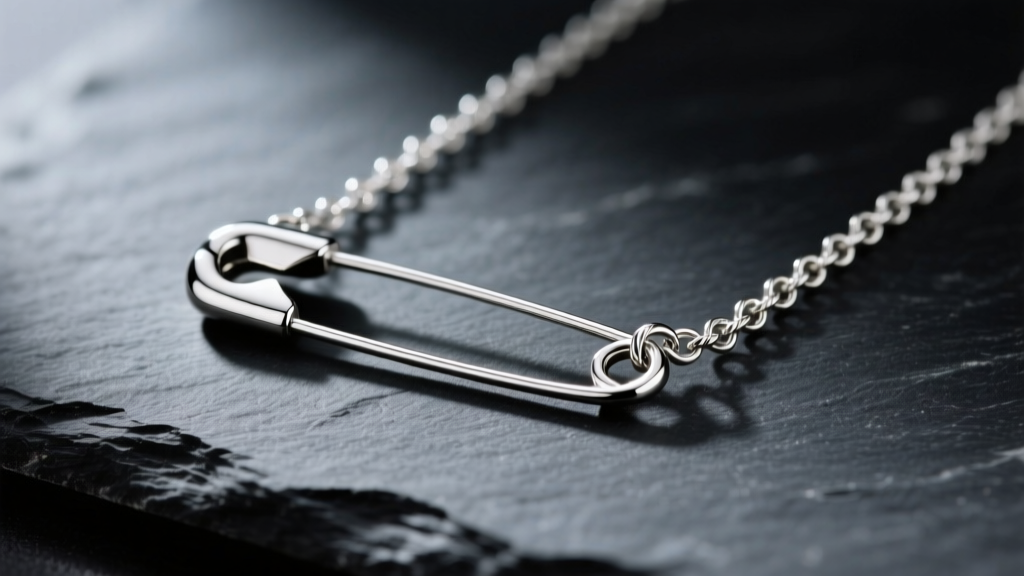 Sterling silver safety pin necklace on dark slate, highlighting the polished clasp and delicate cable chain links in soft lighting.