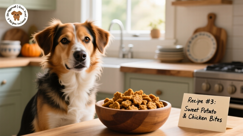 A happy, medium-sized mixed-breed dog sitting beside a bowl of homemade grain-free treats, looking attentively at the camera with a gentle smile