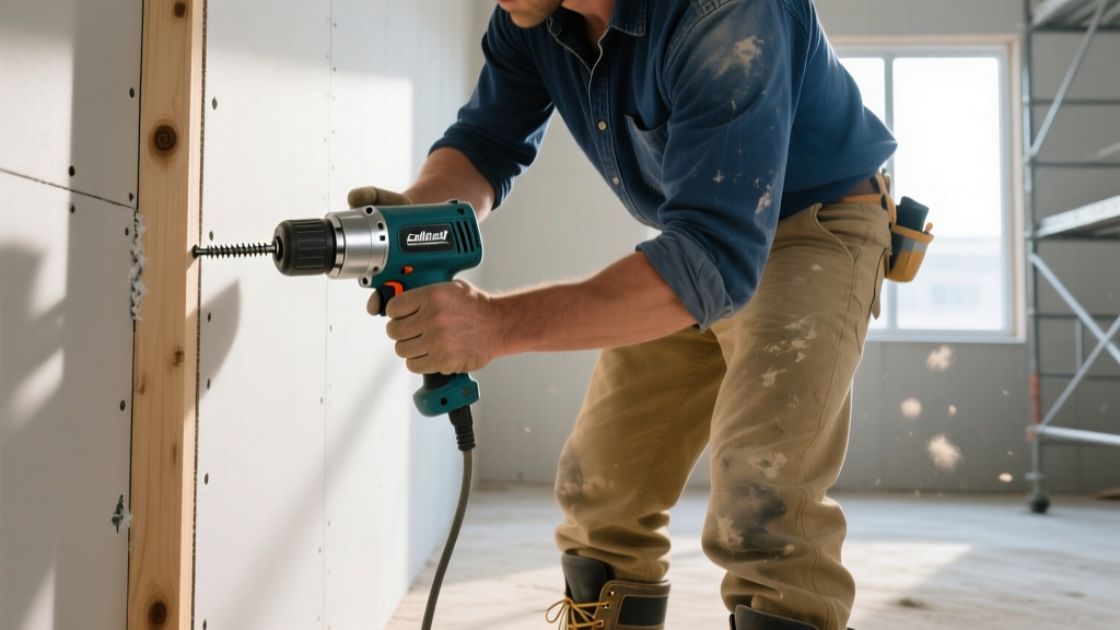 Drywall installer using a collated screw gun with a dimple bit to drive a coarse-thread screw into a wood stud on a gypsum board