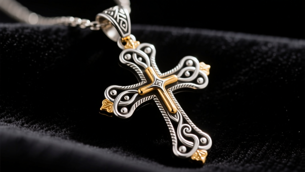 Macro shot of a Montana Silversmith cross pendant showing bright silver scrollwork and gold accents on dark velvet