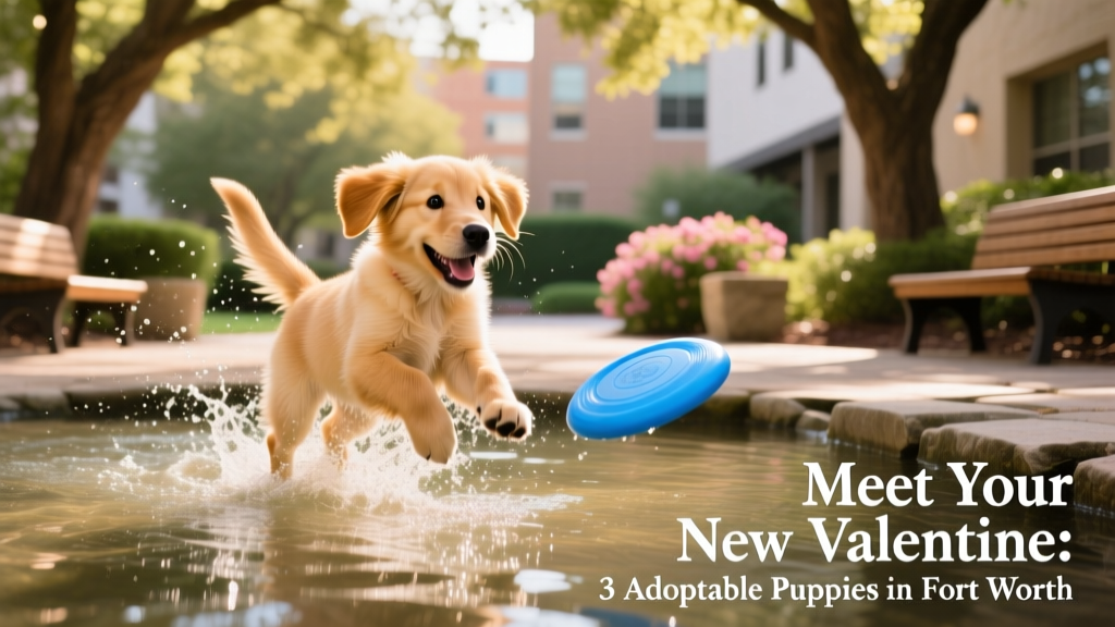 Delilah splashing joyfully in shallow water, tail wagging, with a bright blue frisbee floating nearby