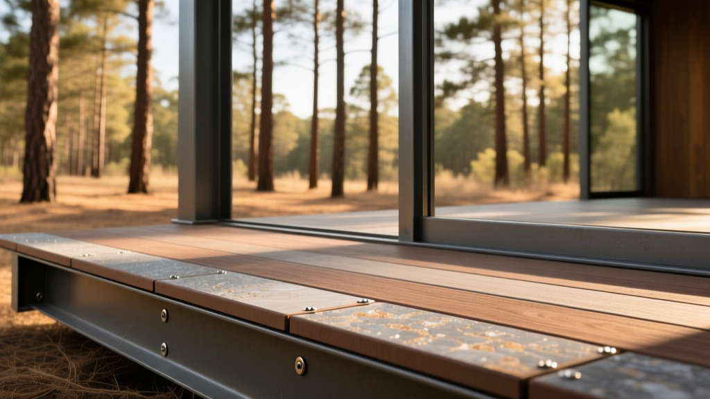 Close-up of mineral-based composite deck boards with hidden fasteners over steel framing in a dry, pine-forested landscape.