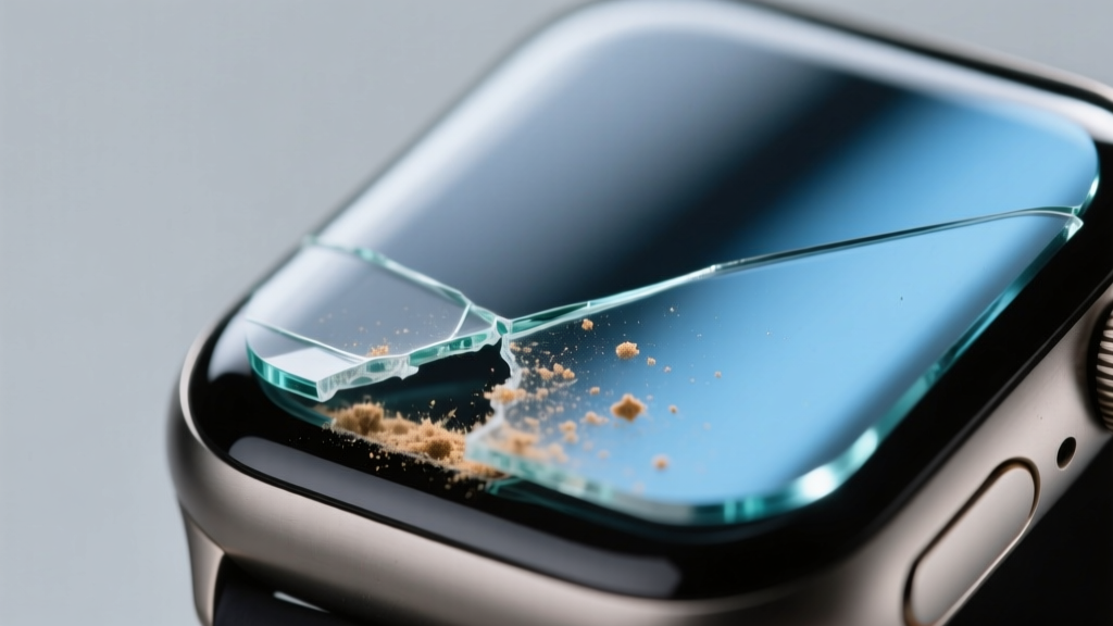 Closeup of smartwatch sapphire crystal screen protector peeling at bottom edge revealing dust trapped in degraded adhesive layer