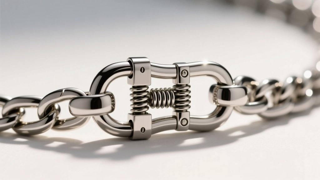 Macro view of a stainless steel lobster clasp on a thick figaro chain, showing the secure spring mechanism and laser weld points.