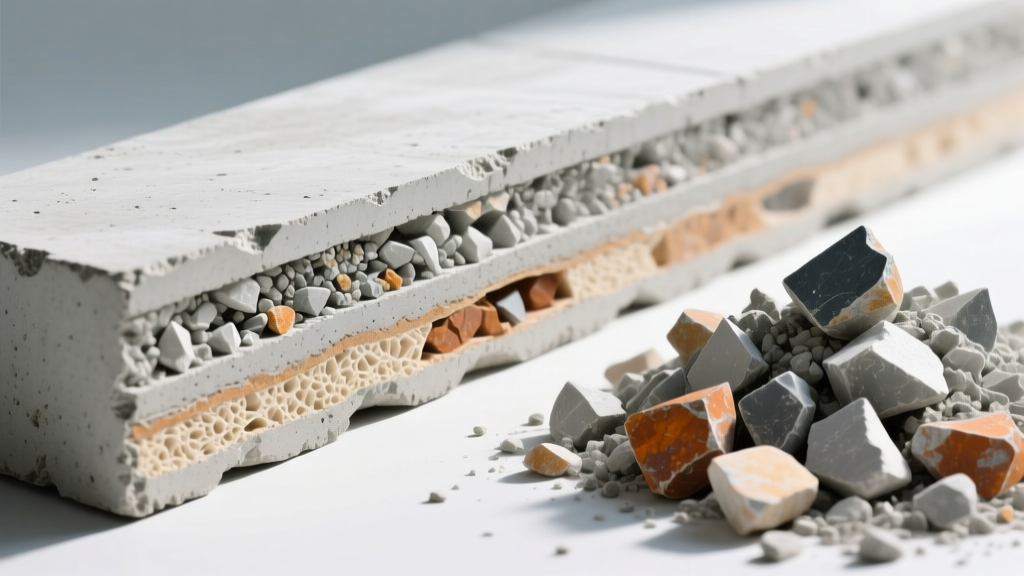 Cross-section of Type IL Portland limestone cement concrete next to crushed limestone aggregate under bright lab lighting