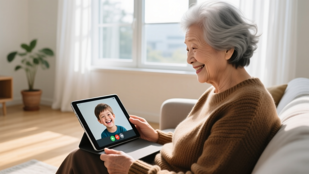 An elderly woman smiling while video calling her grandson on a simplified tablet device in a sunlit living room.