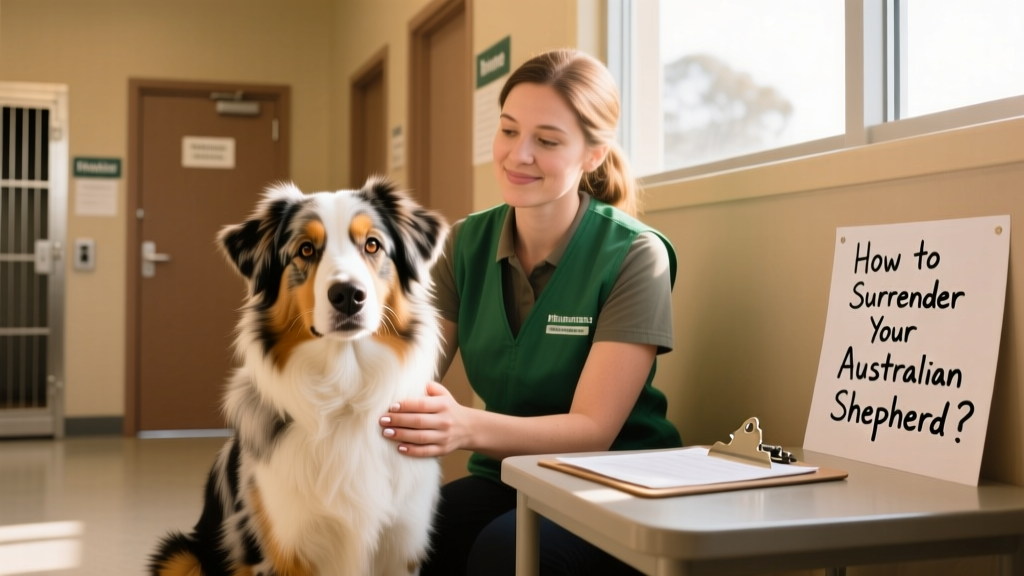 A calm, well-kept Australian Shepherd sitting beside a volunteer in a shelter intake area
