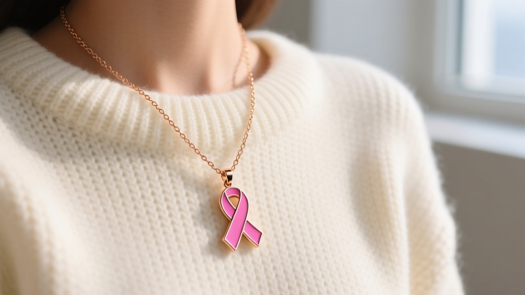 Close-up of a delicate rose gold necklace with a pink enamel cancer awareness ribbon pendant resting on a soft cream knit sweater.