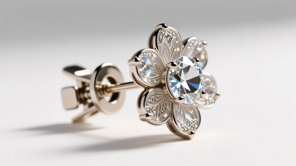 Side view of a vintage Weiss floral clip-on earring, showcasing the mechanical paddle-back clasp and clear chaton rhinestones.