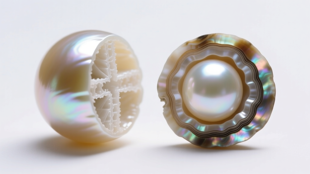 Macro view comparing the drill hole of a coated crystal pearl beside the natural nacre layers of a genuine freshwater Akoya pearl.