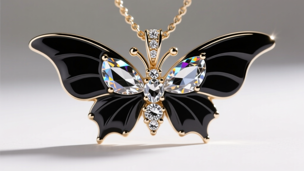 Extreme macro shot of a Betsey Johnson bat pendant showing glass rhinestone facets and black cold enamel wing details