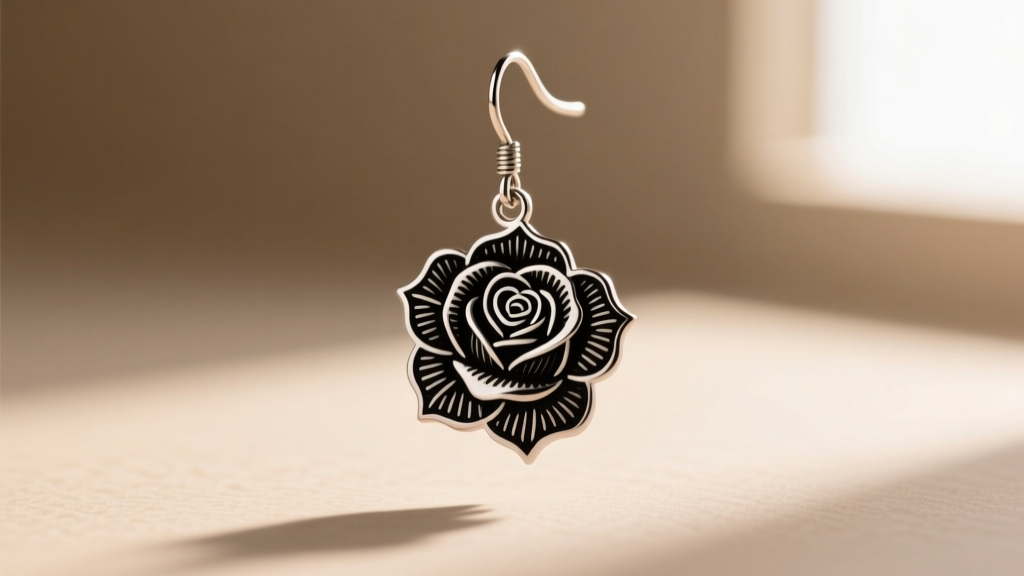 Macro shot of a 20g titanium dangle earring with a blackwork rose tattoo design against a soft, neutral studio backdrop
