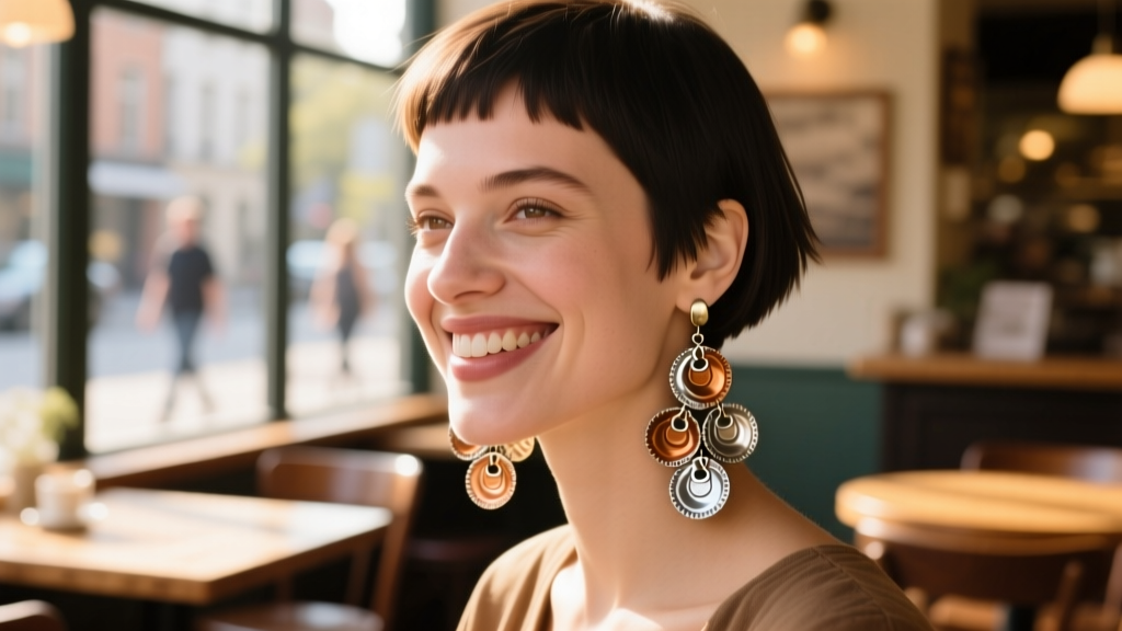 Woman with a short pixie cut wearing upcycled soda tab dangle earrings, smiling in a sunlit cafe with a softly blurred background.