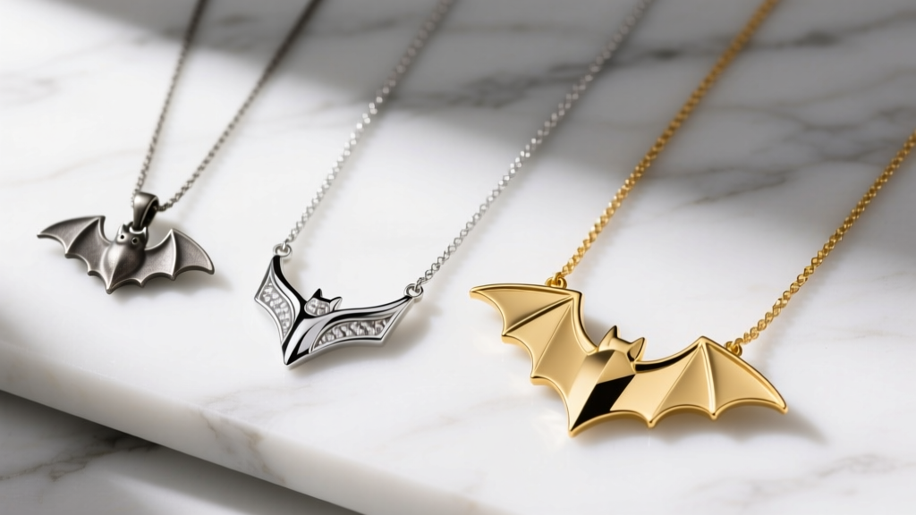 Three bat necklaces on marble: a dull zinc piece, a polished 925 silver mid-tier, and a solid 14k gold luxury bat charm necklace.