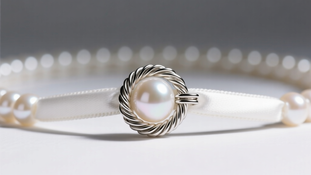 Macro photo of a pearl necklace clasp featuring a coiled silver French wire guard protecting the white silk thread from metal wear.
