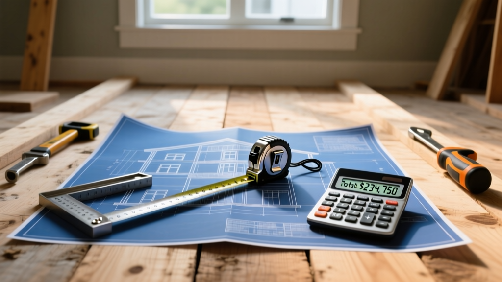Blueprints on a plywood subfloor next to a tape measure, framing square, and a calculator displaying home construction costs