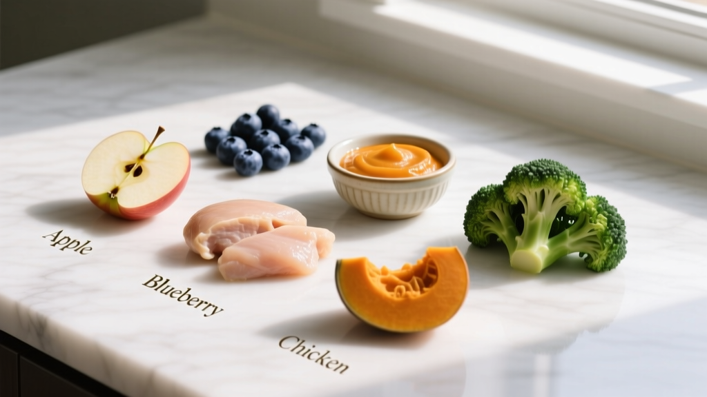 A variety of safe human foods for cats arranged on a clean surface: apple slices, blueberries, cooked chicken, pumpkin puree, and steamed broccoli