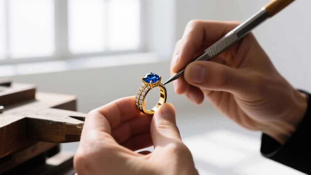 Jeweler's loupe view of a secure semi-bezel setting holding a teardrop black obsidian cabochon, highlighting the rim