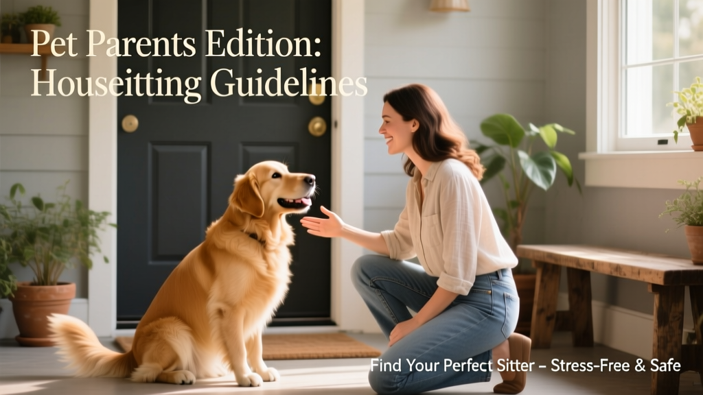 A friendly dog greeting a new pet sitter at the front door